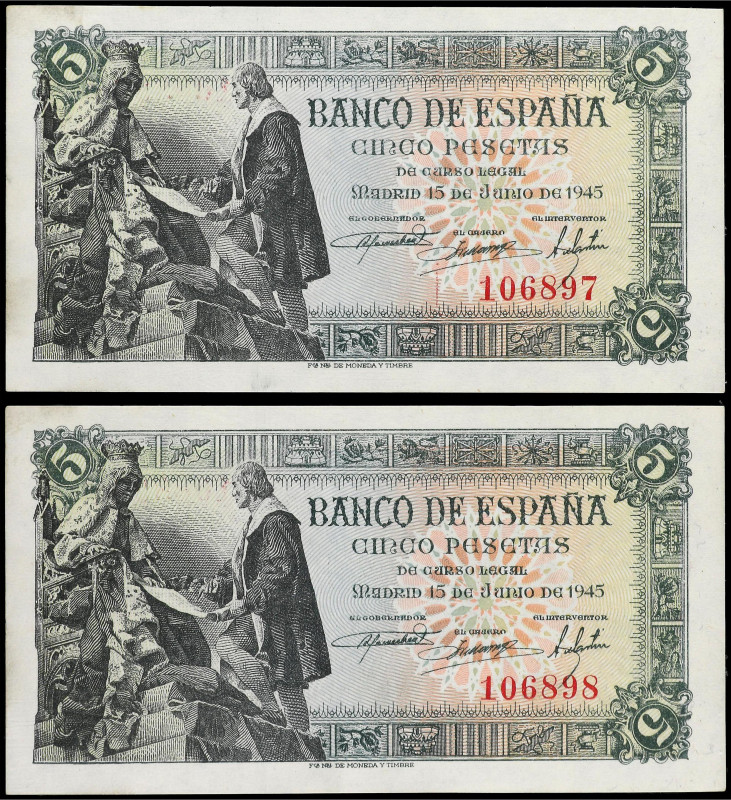 Lote 2 billetes 5 Pesetas. 15 Julio 1945. Capitulaciones de Santa Fe. Sin Serie....