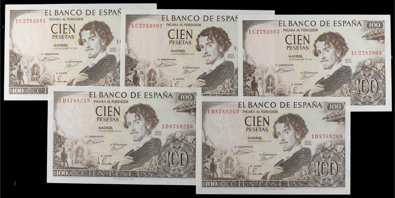 Lote 5 billetes 100 Pesetas. 19 Noviembre 1965. Bécquer. Serie 1D y 1C. Pareja y...