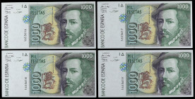 Lote 4 billetes 1.000 Pesetas. 12 Octubre 1992. Hernán Cortés. Sin serie. Correlativos. (Marcas de pinzamiento en margen superior). Ed-483. SC.