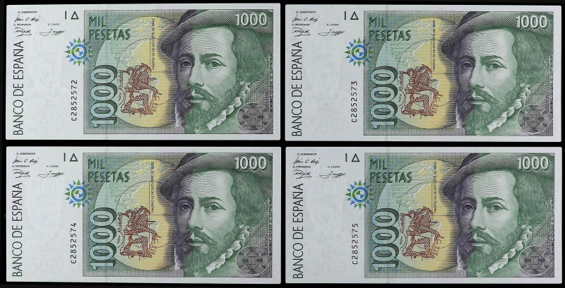 Lote 4 billetes 1.000 Pesetas. 13 Octubre 1992. Hernán Cortés. Serie C. Correlat...