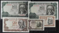 Lote 5 billetes 1 (2), 100, 1.000 Pesetas (2). 1951 a 1971. A EXAMINAR. Ed-461, 465a, 472c, 474c (2). EBC+ a SC.