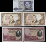Lote 5 billetes 50 (2), 100 (2), 500 Pesetas. 1928 a 1979. 2 x Velázquez Serie E, Romero de Torres Serie 2H pareja correlativa, Rosalia de Castro Sin ...