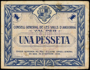1 Pesseta. 19 Desembre 1936. CONSELL GENERAL DE LES VALLS D´ANDORRA. Emisión azul. Algo sucio. ED-AND2. MBC-.