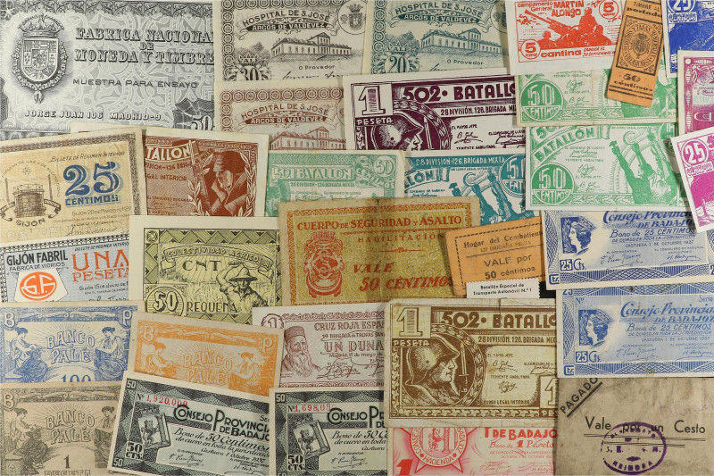 Lote 29 billetes. Incluye billetes locales, de emisiones militares y algunas fic...