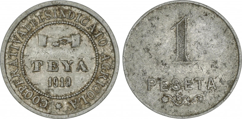 1 peseta. 1919. COOPERATIVA DEL SINDICATO AGRÍCOLA. TEYÁ. ESCASA. Al. L-539. MBC...