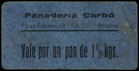 Vale por un Pan de 1 1/2 kilos. PANADERIA CARBÓ. PLAZA ESPAÑA 12. TEL 363. BAÑOLAS. MUY RARO. Cartulina azul. Emisión Postguerra. L-1886. MBC+.