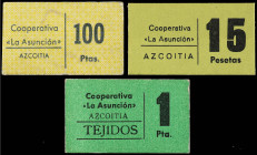Lote 3 fichas 1, 15 y 100 Pesetas. COOPERATIVA LA ASUNCIÓN. AZCOITIA (GUIPÚZCOA). Cartón. MBC+ a EBC.
