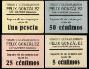 Lote 4 vales 5, 25 y 50 Céntimos y 1 Peseta. VINOS Y ULTRAMARINOS FÉLIX GONZÁLEZ. GANTALAPIEDRA. (SALAMANCA). Cartulina. MBC+ a EBC.