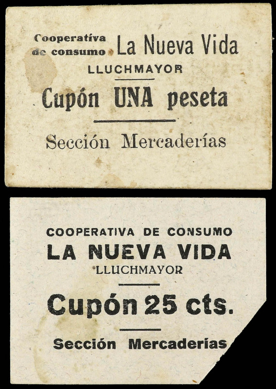 Lote 2 cupones 25 Céntimos y 1 Peseta. LLUCHMAYOR. COOPERATIVA DE CONSUMO LA NUE...