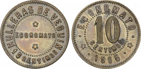 10 Céntimos. 1905. ECONOMATO. HULLERAS DE VEGUÍN (Asturias). MUY RARA. Latón. Interesante. Tema minero. EBC.