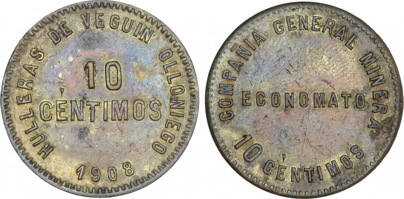 10 Céntimos. 1908. COMPAÑÍA GENERAL MINERA. ECONOMATO. HULLERAS DE VEGUÍN (Astur...