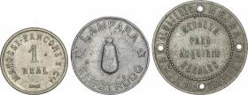 Lote 3 fichas. Al CuNi. Medalla para adquirir regalos, Almacenes Neira, Galicia. Ficha lampara Electrodo, Atocha Madrid. 1 Real Café Suizo Burgos. A E...