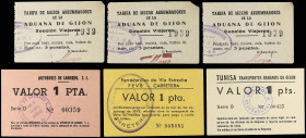 Lote 6 fichas. ASTURIAS. 5 Pesetas Tarifa de Mozos Arrumbadores de la Aduan de Gijón(3), Valor de 1 Peseta Autobuses de Langreo, Valor 1 Peseta Tunisa...