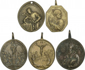 Lote 5 medallas religiosas. Siglo XVIII. ROMA. Br. Ø 38 a 45 mm. Incluye medalla San Benito-Virgen Montserrat, Virgen pilar-Daroca, Anunciación-Crucif...