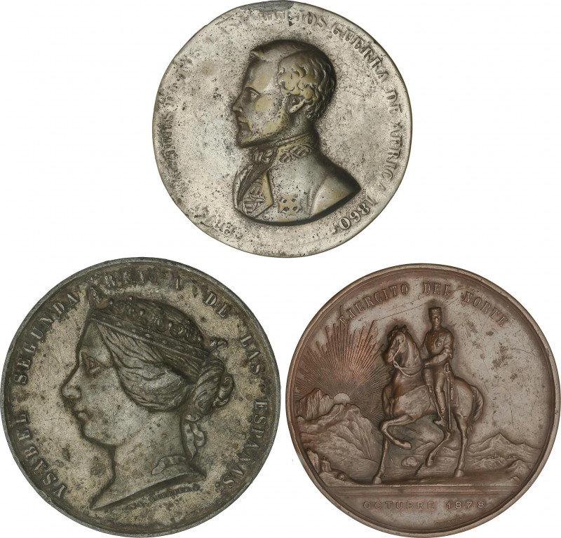 Lote 3 medallas. 1860 y 1878. Br, Br plateado y metal gris. Ø 53 a 70 mm. Incluy...