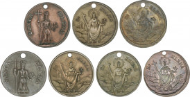 Lote 7 medallas Santa Elena-Hijo de Santa Elena. Anv.: Santa Elena. Rev.: Emperador Constantino. AE y Br. Ø 21 a 22 mm. Seis concavas. Todas con perfo...