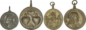 Lote 4 medallas. Siglo XVIII - XIX. Br. Ø 23 a 34 mm. Lote de medallas religiosas antiguas, diferentes. Todas con anilla solidaria. A EXAMINAR. MBC- a...