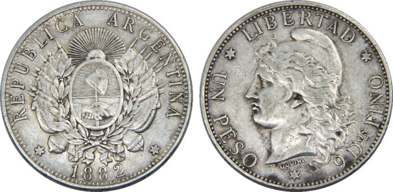 ARGENTINA 1882 Liberty facing left 1 PESO SILVER XF25g 
KM# 29
