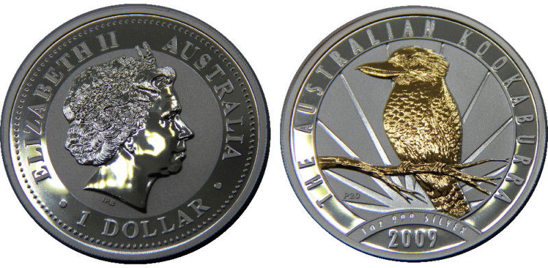 AUSTRALIA 2009 Elizabeth II,Kookaburra 20th Anniversary, Silver Gilded Proof 1 D...