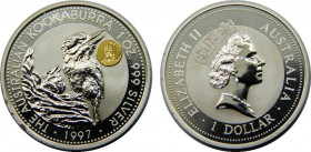 AUSTRALIA 1997 Elizabeth II ,Kookaburra,1 oz. Silver Bullion Coinage,with a small gold Gaudi stamp,Proof 1 DOLLAR SILVER,GOLD PF31.9g