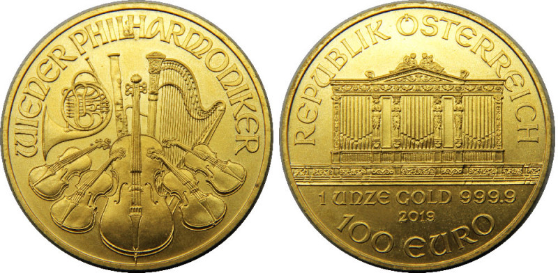 AUSTRIA 2019 Republic,Vienna Philharmonic 100 EURO GOLD MS31.2g 
KM# 3095