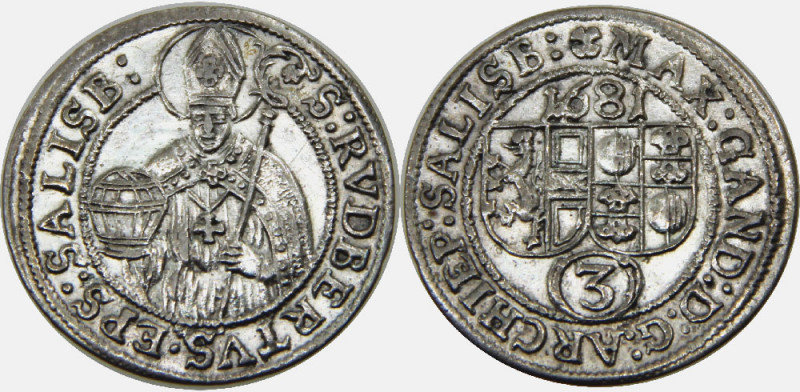 AUSTRIA 1681 Max Gandolf von Kuenburg,Salzburg 3 KREUZER SILVER AU1.6g 
KM# 228