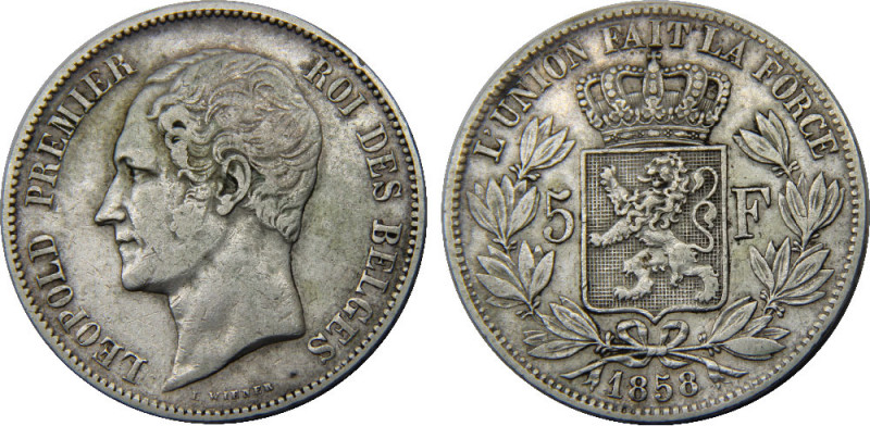 BELGIUM 1858 Leopold I ,Rare(Mintage 18102 ) 5 FRANCS SILVER XF24.9g 
KM# 17