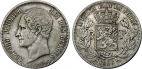 BELGIUM 1858 Leopold I ,Rare(Mintage 18102 ) 5 FRANCS SILVER XF24.9g 
KM# 17