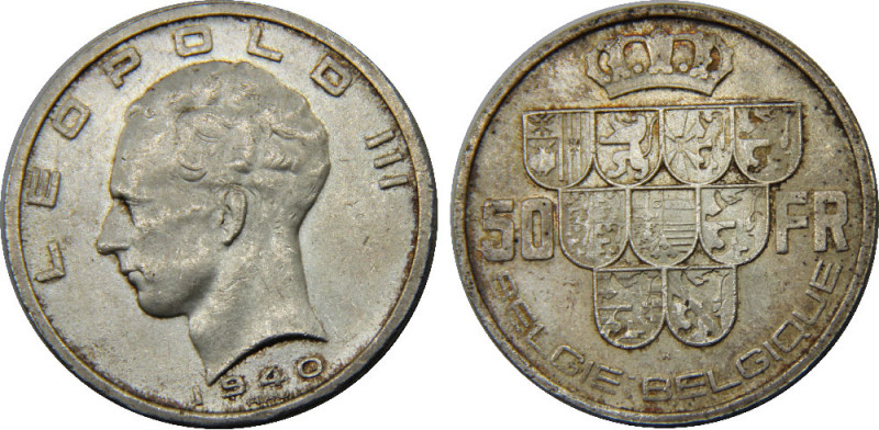 BELGIUM 1940 Leopold III,French text 50 FRANCS SILVER MS20.1g 
KM# 122