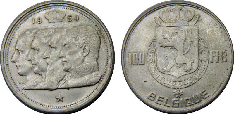 BELGIUM 1954 Leopold III,Kings, French text 100 FRANCS SILVER MS18g 
KM# 138