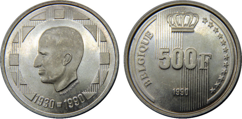 BELGIUM 1990 Baudouin I,French text,60th Birthday of King Baudouin 500 FRANCS SI...