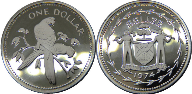 BELIZE 1974 FM Elizabeth II,Scarlet Macaw,Proof 1 DOLLAR SILVER PF19.6g 
KM# 43...