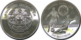 BHUTAN 1993 Jigme Singye,Olympic Games, 1996,Soccer ,Proof 300 NGULTRUMS SILVER PF31.4g 
KM# 79