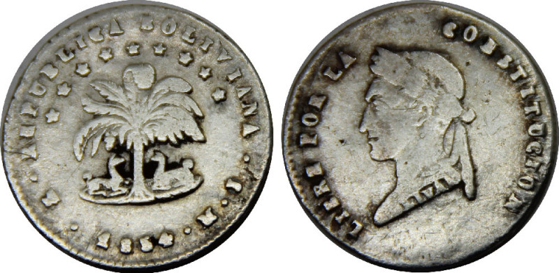 BOLIVIA 1854 PTS MJ Simón Bolívar, Potosi mint 1/2 SOL SILVER VF1.6g 
KM# 118