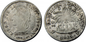 BOLIVIA 1863 PTS FP Simón Bolívar, Potosi mint 2 SOLES SILVER VF4.8g 
KM# 135