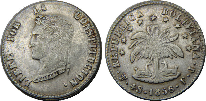 BOLIVIA 1856 PTS FJ Simón Bolívar, Potosi mint 4 SOLES SILVER XF13.1g 
KM# 123...