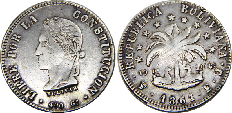 BOLIVIA 1861 PTS FJ Simón Bolívar, Potosi mint 8 SOLES SILVER VF20.2g 
KM# 138....