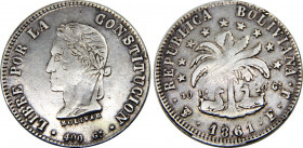 BOLIVIA 1861 PTS FJ Simón Bolívar, Potosi mint 8 SOLES SILVER VF20.2g 
KM# 138.6