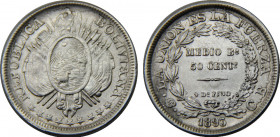 BOLIVIA 1893 PTS CB Potosi mint,reduced size, lettering without weight 50 CENTAVOS SILVER AU11.6g 
KM# 161.5