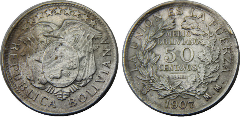 BOLIVIA 1907 PTS MM Potosi mint,Rare(Mintage 49763 ) 50 CENTAVOS SILVER AU11.4g ...