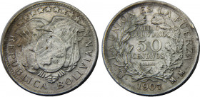 BOLIVIA 1907 PTS MM Potosi mint,Rare(Mintage 49763 ) 50 CENTAVOS SILVER AU11.4g 
KM# 175.1