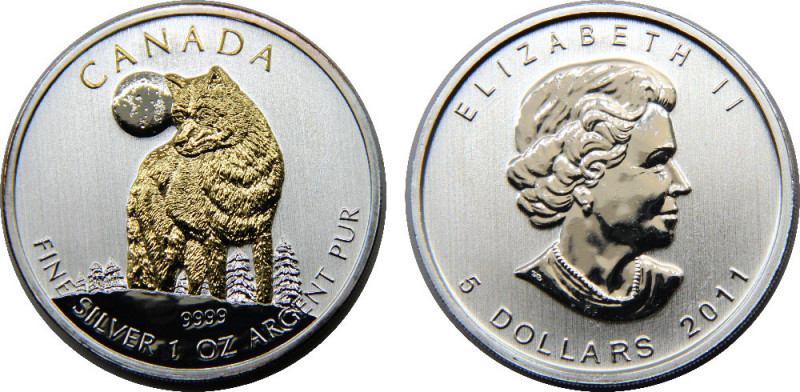 CANADA 2011 Elizabeth II,Timber Wolf,1 oz. Silver Bullion CoinageSilver Gilded P...