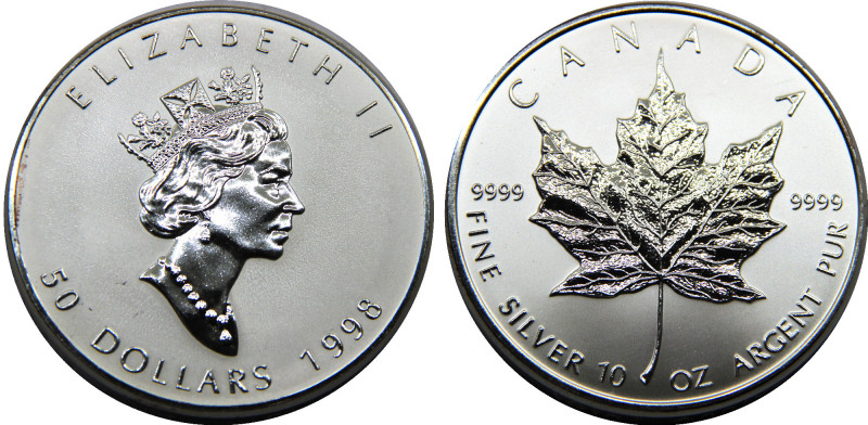 CANADA 1998 Elizabeth II 3rd portrait,10 oz silver bullion coinage 50 DOLLARS SI...