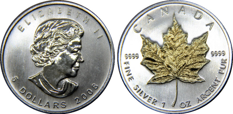 CANADA 2008 Elizabeth II, 1 oz. Silver Bullion Coinage,Silver Gilded Proof 5 DOL...