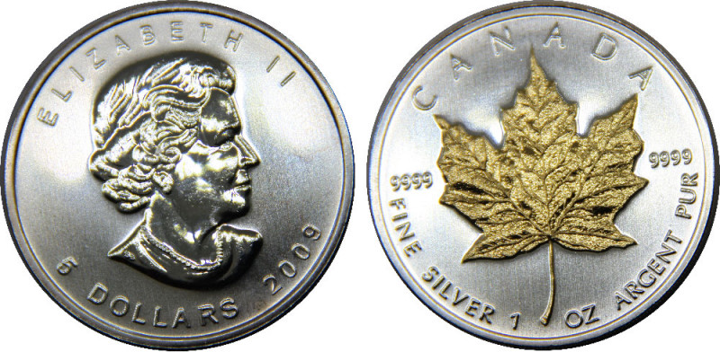 CANADA 2009 Elizabeth II, 1 oz. Silver Bullion Coinage,Silver Gilded Proof 5 DOL...