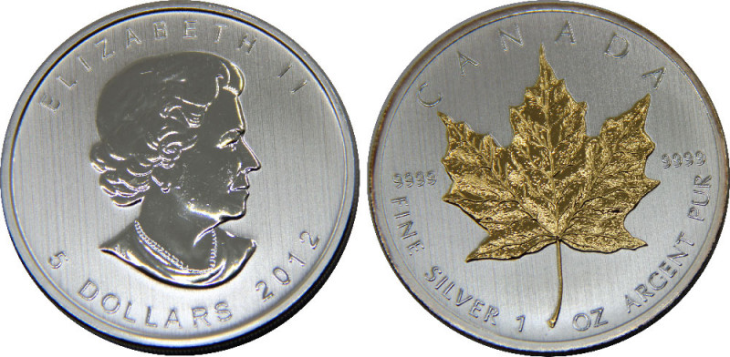 CANADA 2012 Elizabeth II, 1 oz. Silver Bullion Coinage,Silver Gilded Proof 5 DOL...