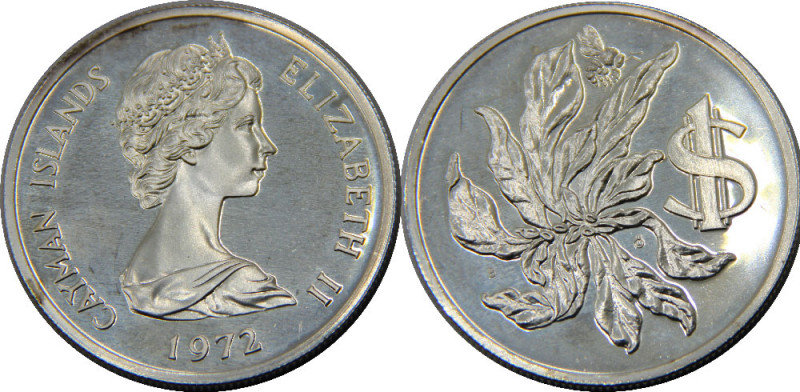 CAYMAN ISLANDS 1972 Elizabeth II,Poinciana flower,Proof(Mintage 11000 ) 1 DOLLAR...