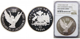 CHILE 1976 So Republic,3rd Anniversary of Chile's Liberation,Santiago mint,Proof,Rare(Mintage 1000) 10 PESOS SILVER PF67 
KM# 211