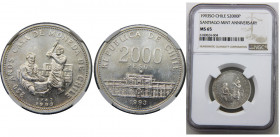 CHILE 1993 So Republic,250th Anniversary of the Santiago Mint,Santiago mint(Mintage 50000) 2000 PESOS SILVER MS65 
KM# 233