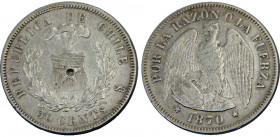 CHILE 1870 So Republic,Santiago mint, Chopmarks 50 CENTAVOS SILVER XF12.4g 
KM# 139